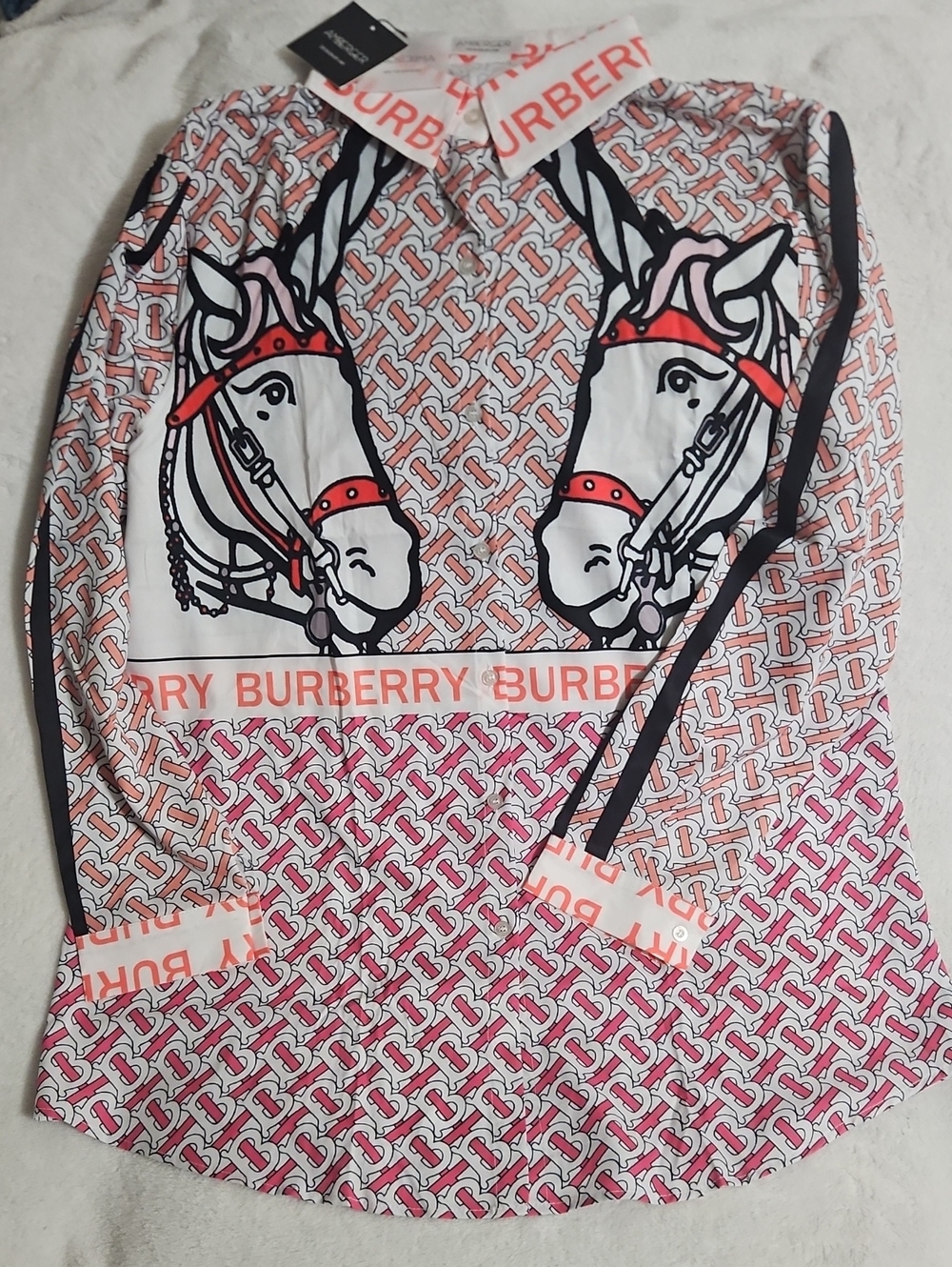 Burberry Style Print Womens Pink & White Horse-Print Button Down Shirt